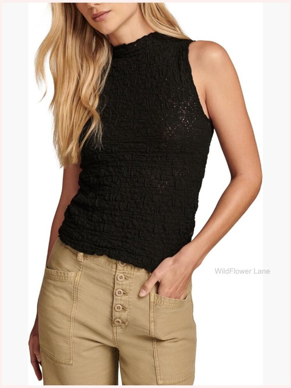 Mock Neck Lace Tank Top Sleeveless Cotton Blend Pull On